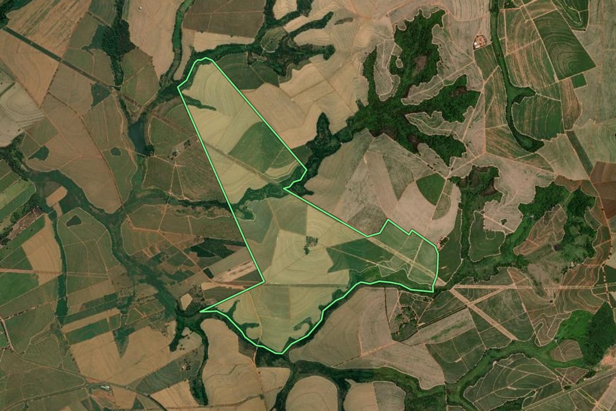 Imagem de satélite do imóvel rural em Elisiário (SP), com o contorno declarado no CAR desenhado por cima.