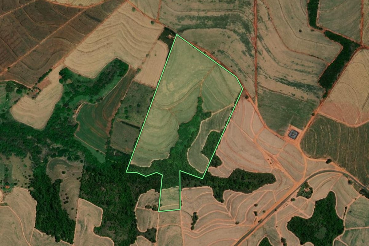 Imagem de satélite do imóvel rural em Embaúba (SP), com o contorno declarado no CAR desenhado por cima.