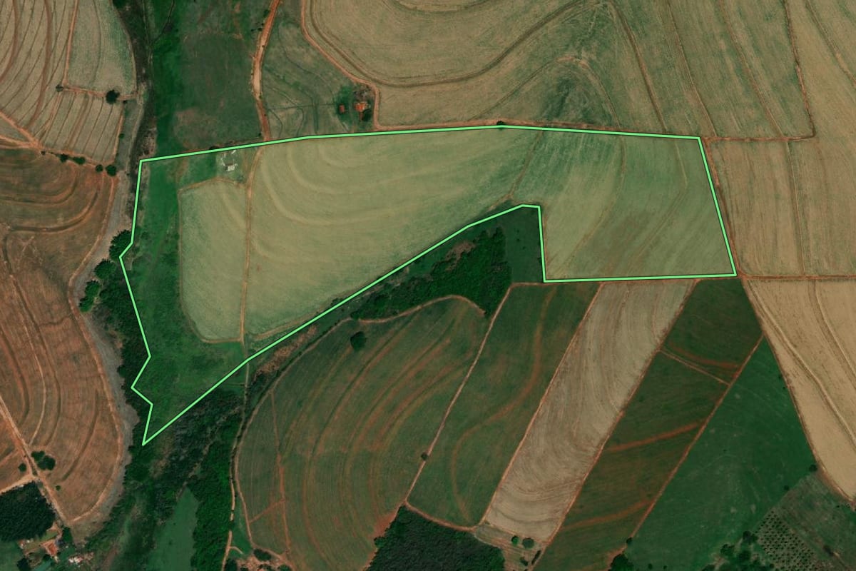 Imagem de satélite do imóvel rural em Embaúba (SP), com o contorno declarado no CAR desenhado por cima.