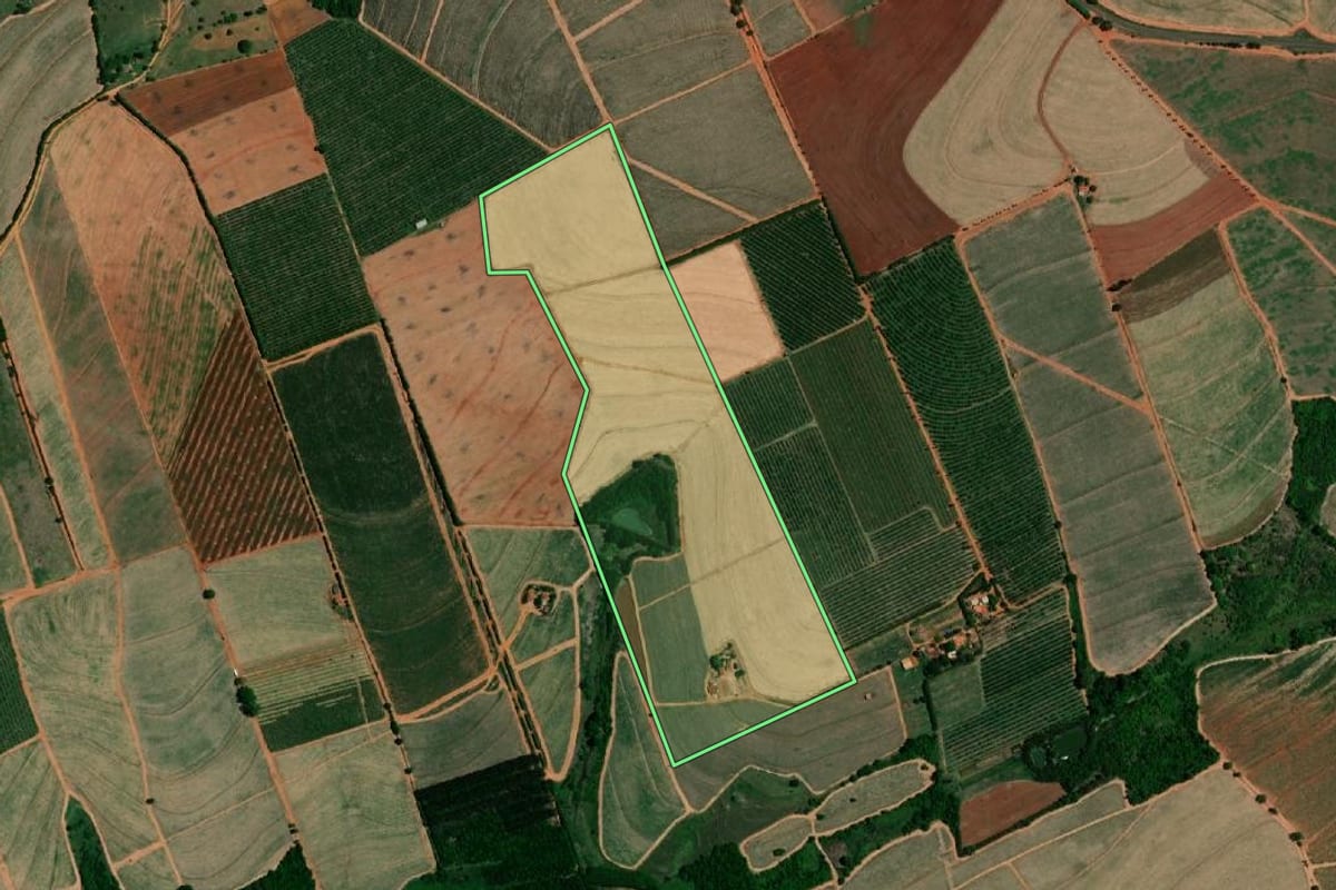 Imagem de satélite do imóvel rural em Embaúba (SP), com o contorno declarado no CAR desenhado por cima.