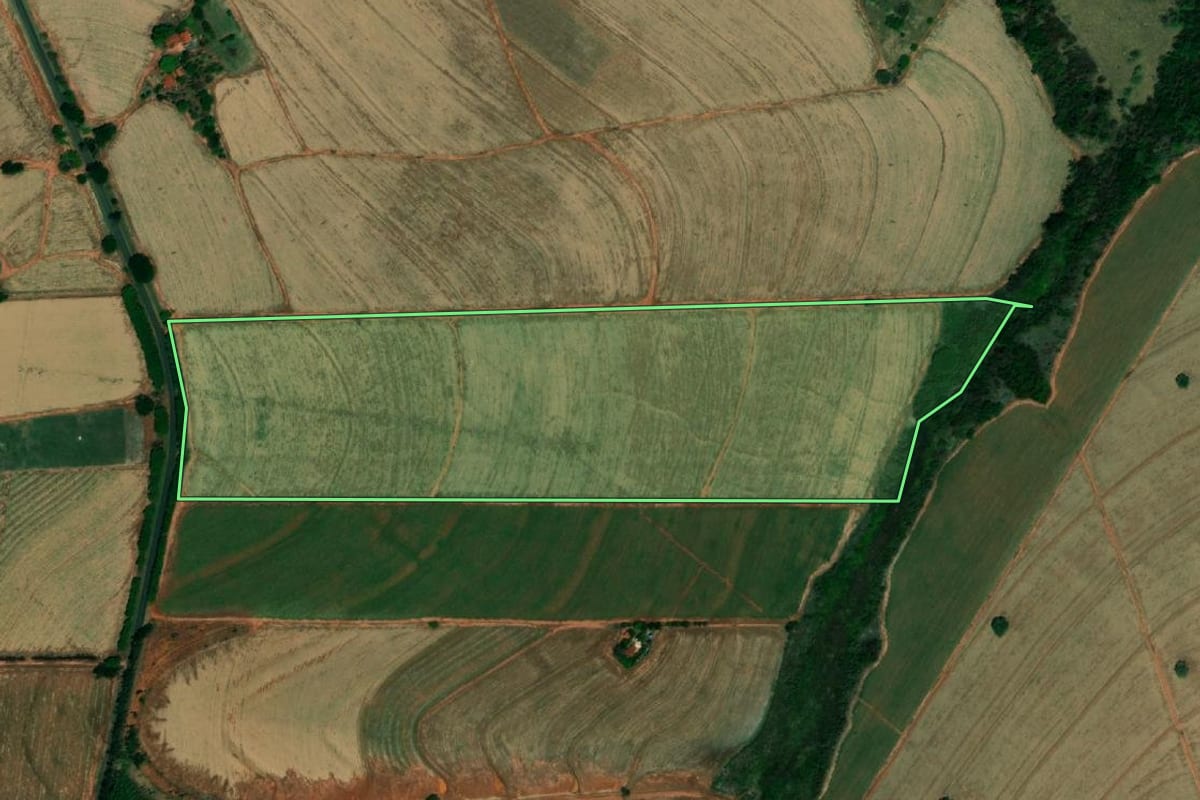 Imagem de satélite do imóvel rural em Embaúba (SP), com o contorno declarado no CAR desenhado por cima.