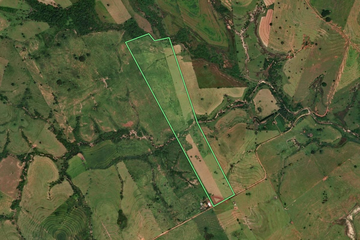 Imagem de satélite do imóvel rural em Emilianópolis (SP), com o contorno declarado no CAR desenhado por cima.
