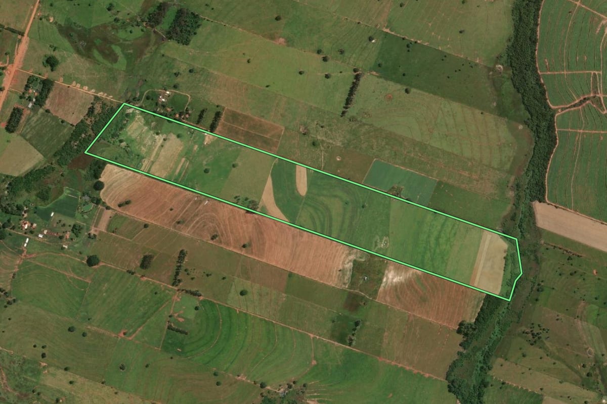 Imagem de satélite do imóvel rural em Emilianópolis (SP), com o contorno declarado no CAR desenhado por cima.