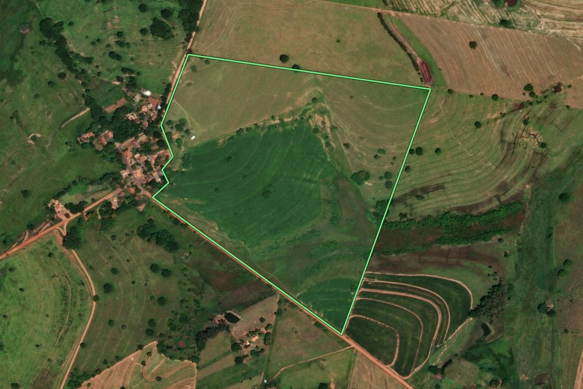 Imagem de satélite do imóvel rural em Emilianópolis (SP), com o contorno declarado no CAR desenhado por cima.