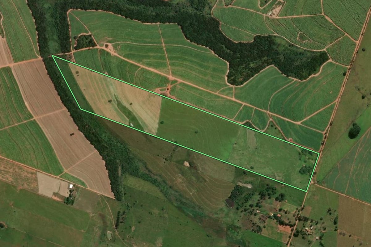 Imagem de satélite do imóvel rural em Emilianópolis (SP), com o contorno declarado no CAR desenhado por cima.