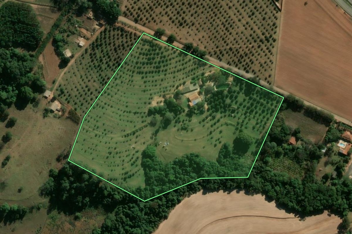 Imagem de satélite do imóvel rural em Engenheiro Coelho (SP), com o contorno declarado no CAR desenhado por cima.