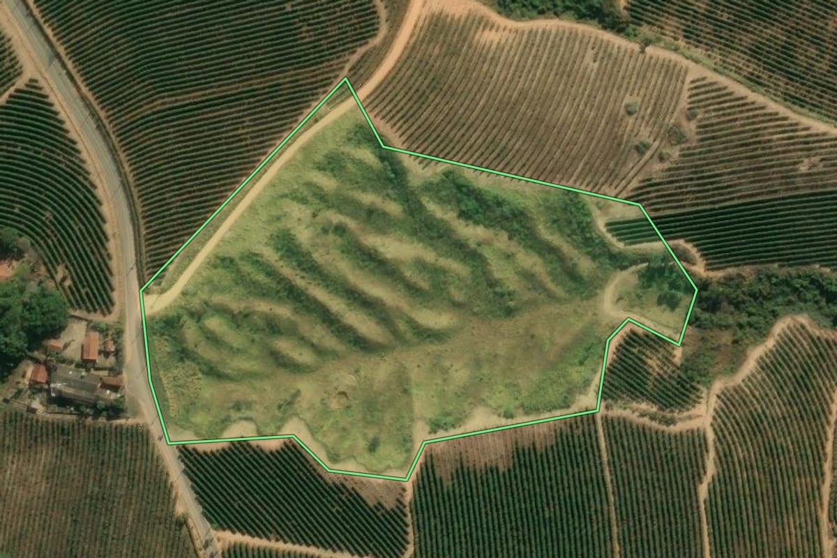 Imagem de satélite do imóvel rural em Espírito Santo do Pinhal (SP), com o contorno declarado no CAR desenhado por cima.