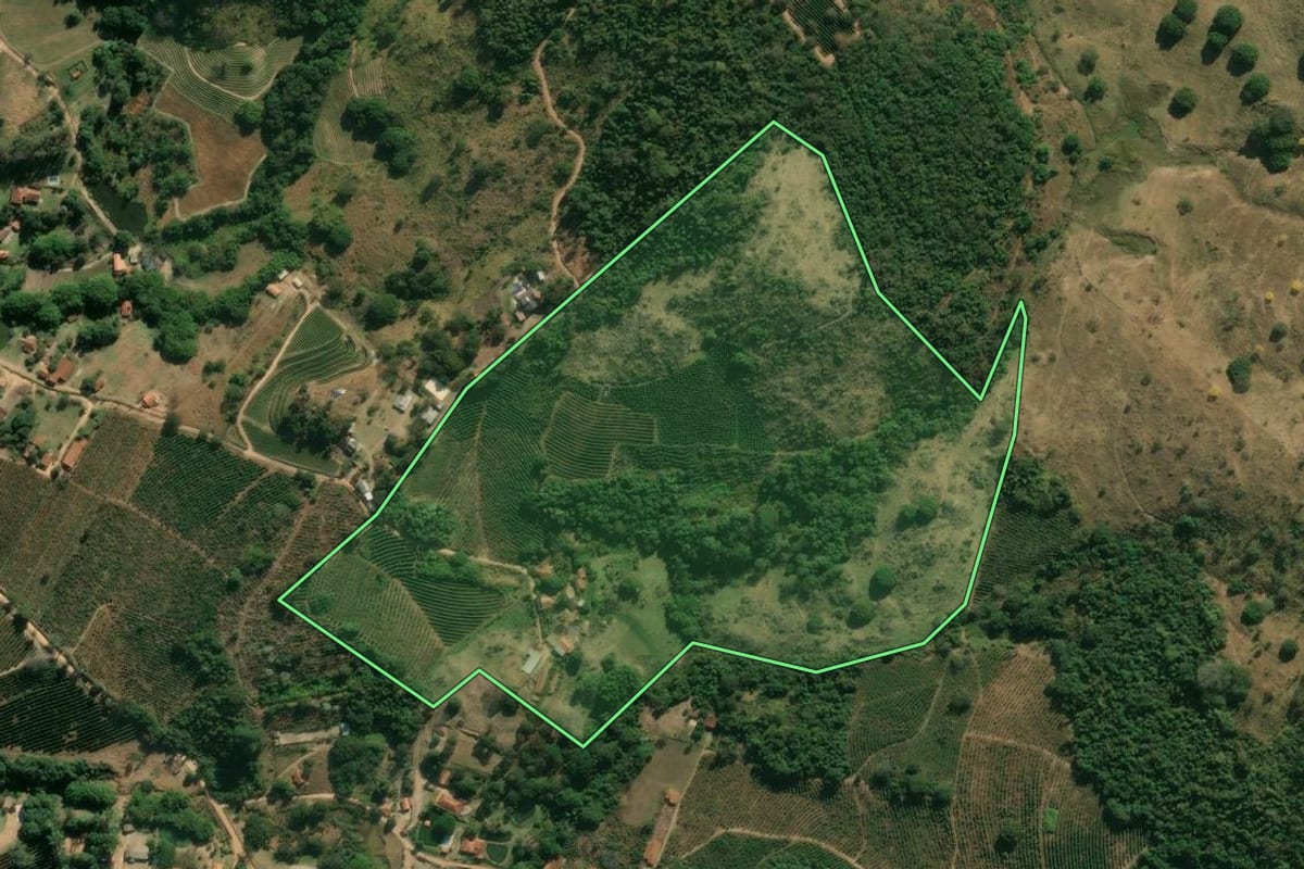 Imagem de satélite do imóvel rural em Espírito Santo do Pinhal (SP), com o contorno declarado no CAR desenhado por cima.