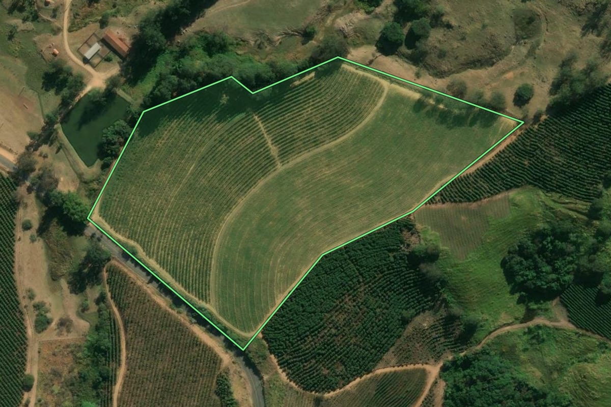 Imagem de satélite do imóvel rural em Espírito Santo do Pinhal (SP), com o contorno declarado no CAR desenhado por cima.