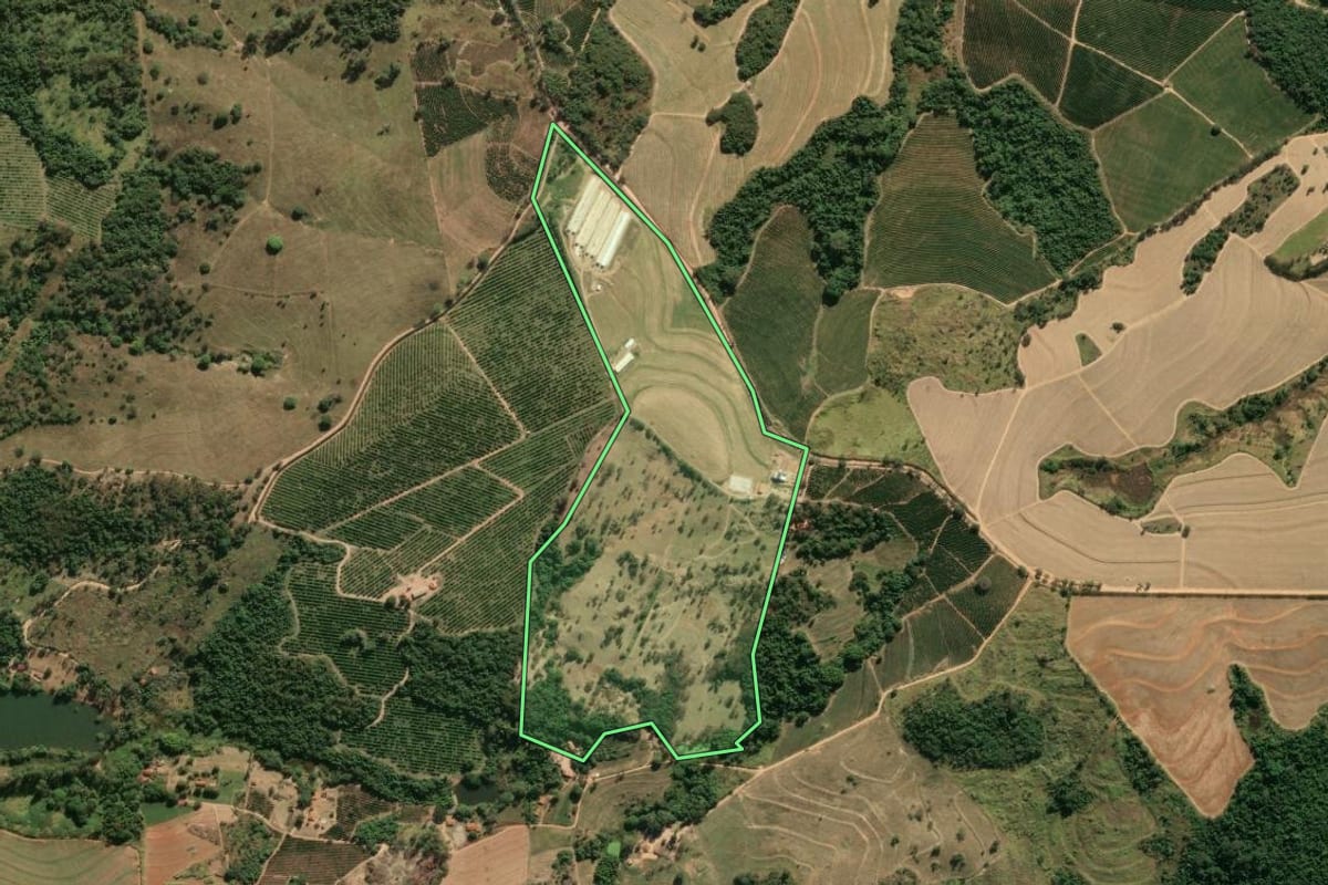 Imagem de satélite do imóvel rural em Espírito Santo do Pinhal (SP), com o contorno declarado no CAR desenhado por cima.