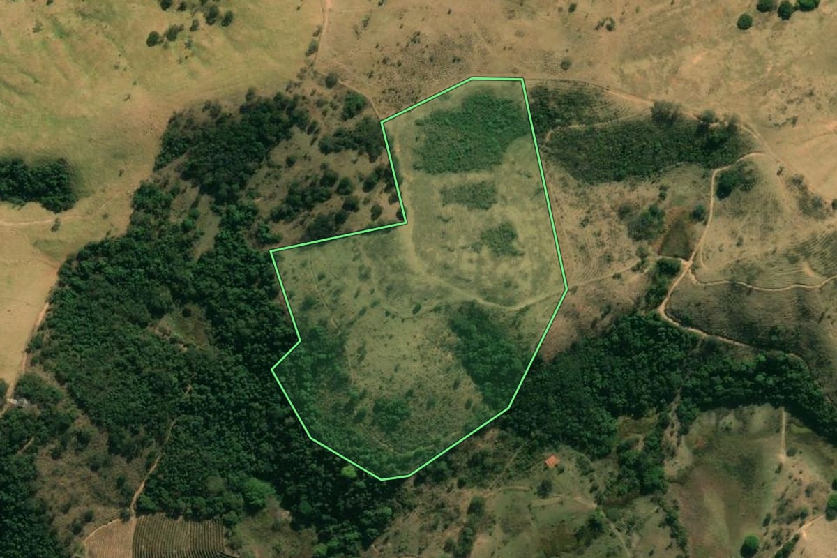 Imagem de satélite do imóvel rural em Espírito Santo do Pinhal (SP), com o contorno declarado no CAR desenhado por cima.