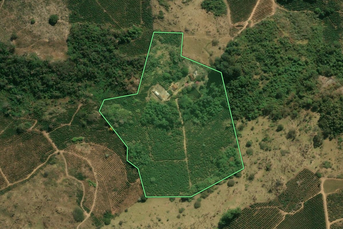 Imagem de satélite do imóvel rural em Espírito Santo do Pinhal (SP), com o contorno declarado no CAR desenhado por cima.