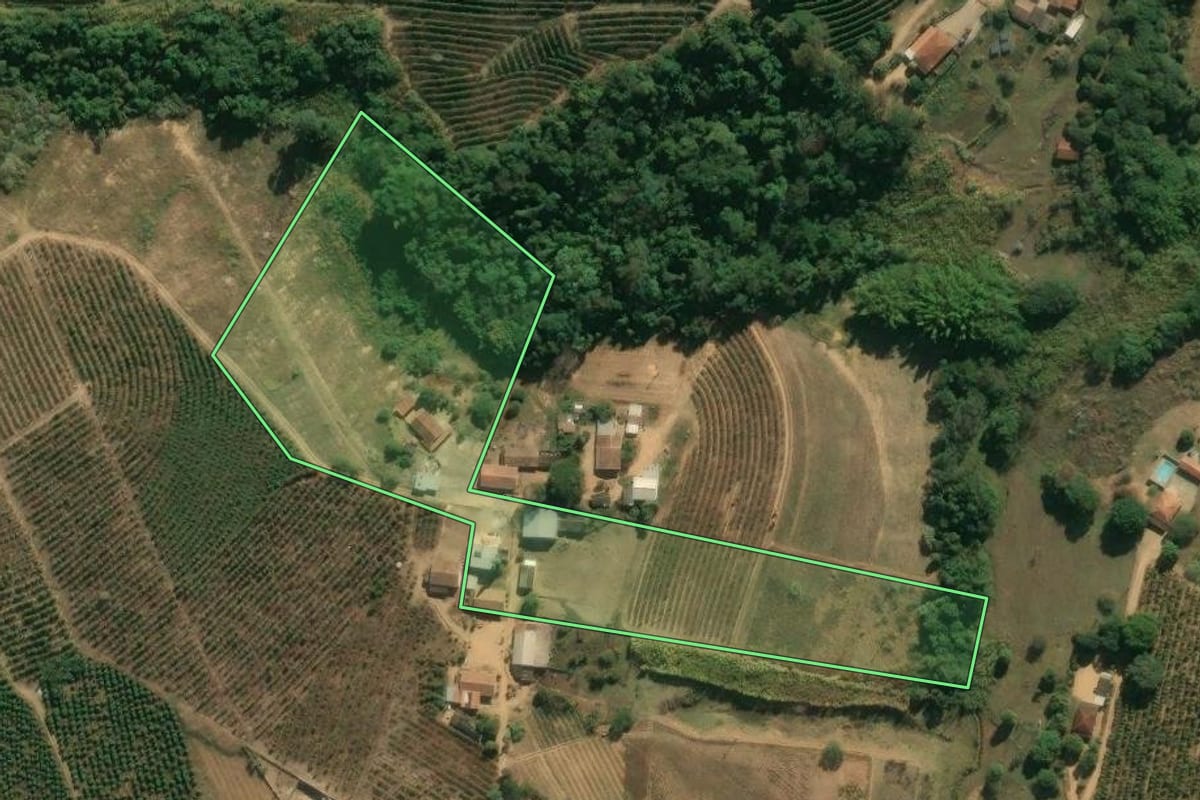 Imagem de satélite do imóvel rural em Espírito Santo do Pinhal (SP), com o contorno declarado no CAR desenhado por cima.