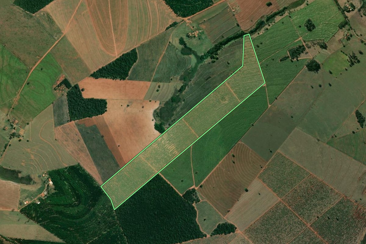 Imagem de satélite do imóvel rural em Espírito Santo do Turvo (SP), com o contorno declarado no CAR desenhado por cima.