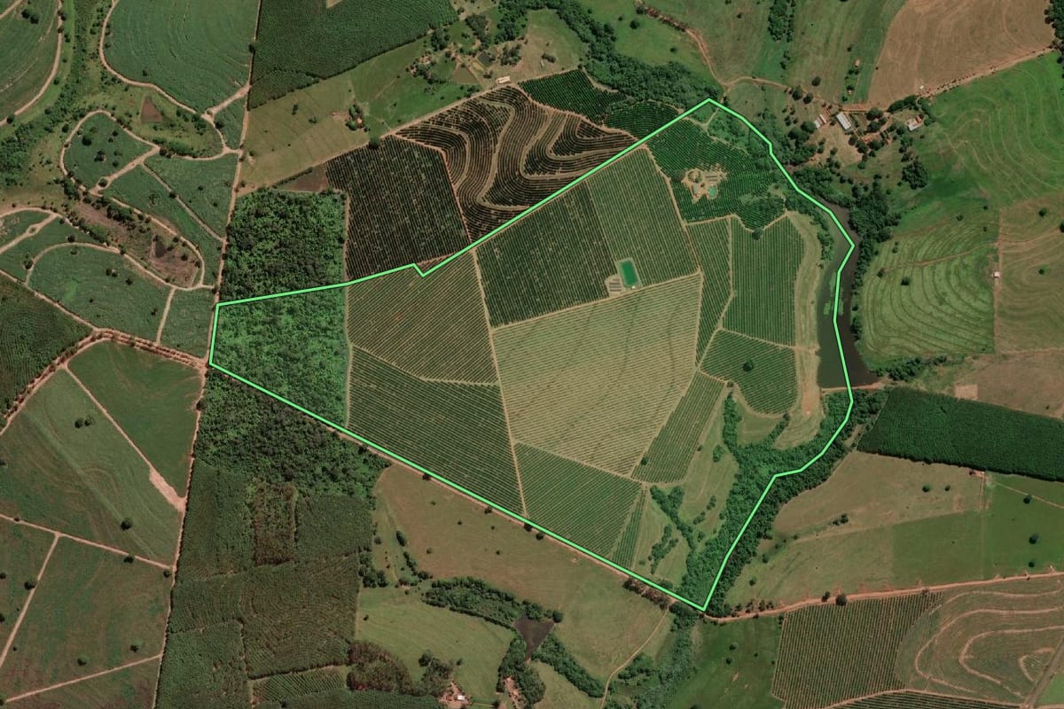 Imagem de satélite do imóvel rural em Estrela d'Oeste (SP), com o contorno declarado no CAR desenhado por cima.