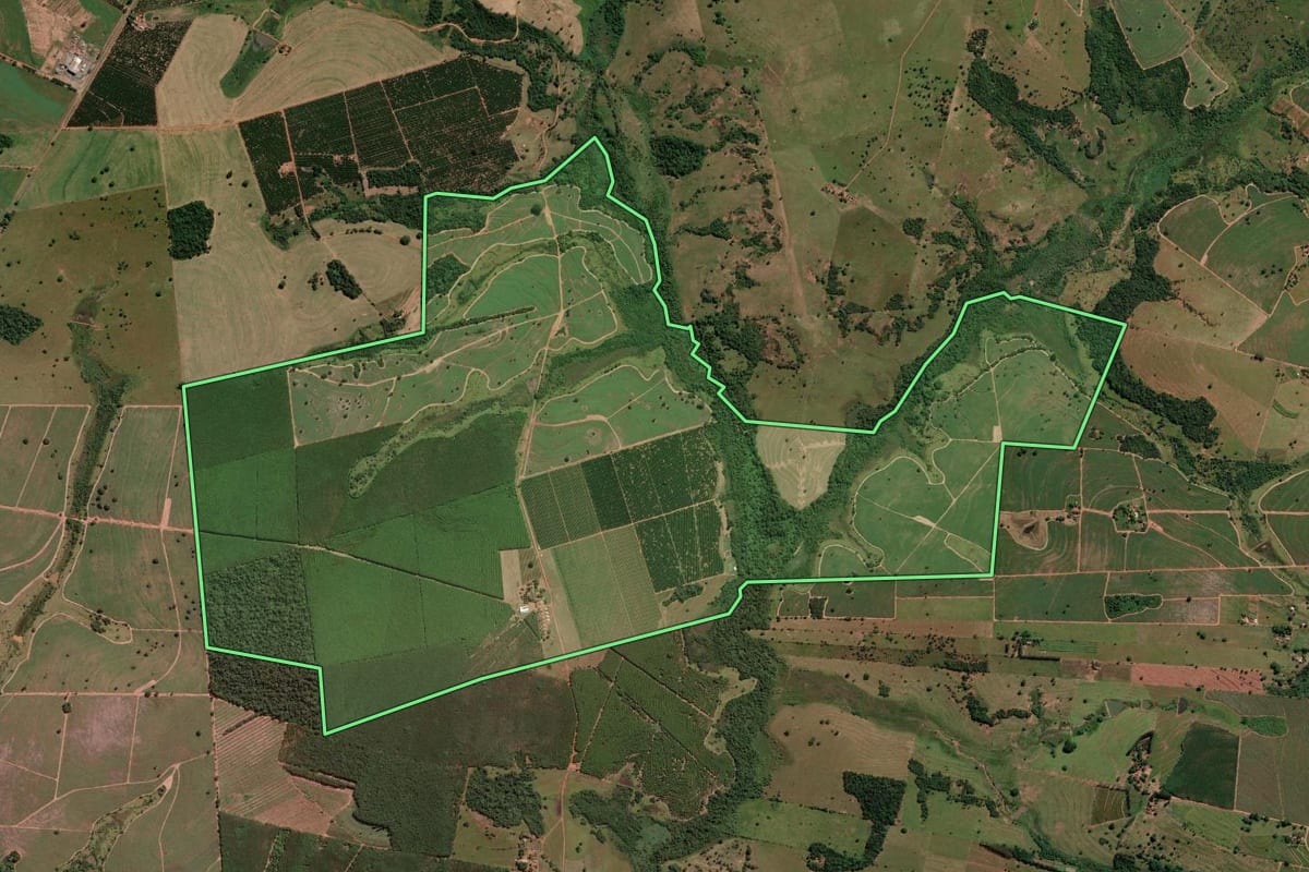 Imagem de satélite do imóvel rural em Estrela d'Oeste (SP), com o contorno declarado no CAR desenhado por cima.