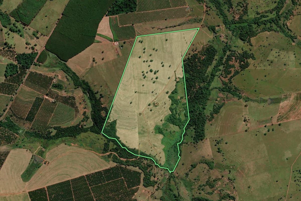 Imagem de satélite do imóvel rural em Estrela d'Oeste (SP), com o contorno declarado no CAR desenhado por cima.