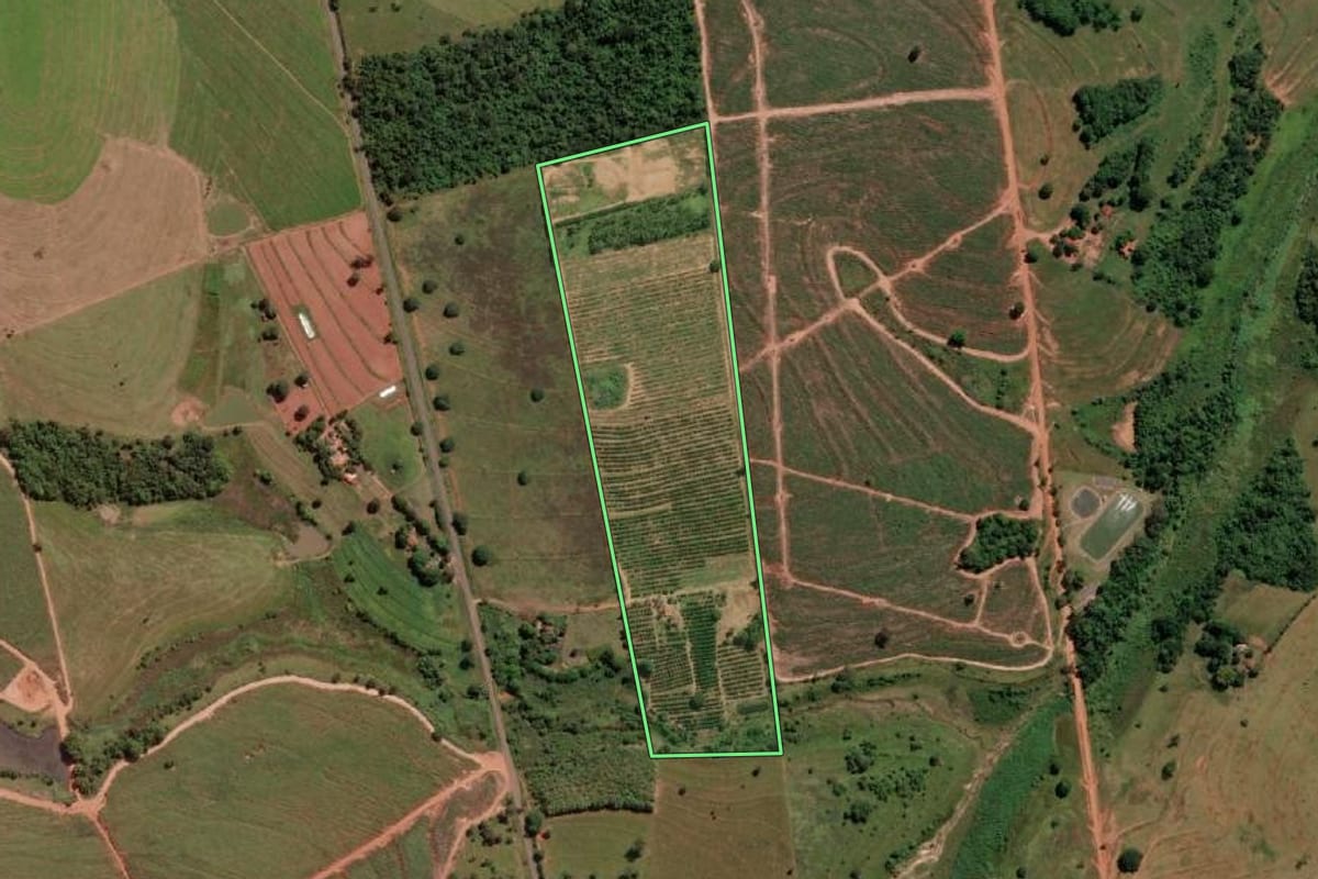 Imagem de satélite do imóvel rural em Estrela d'Oeste (SP), com o contorno declarado no CAR desenhado por cima.
