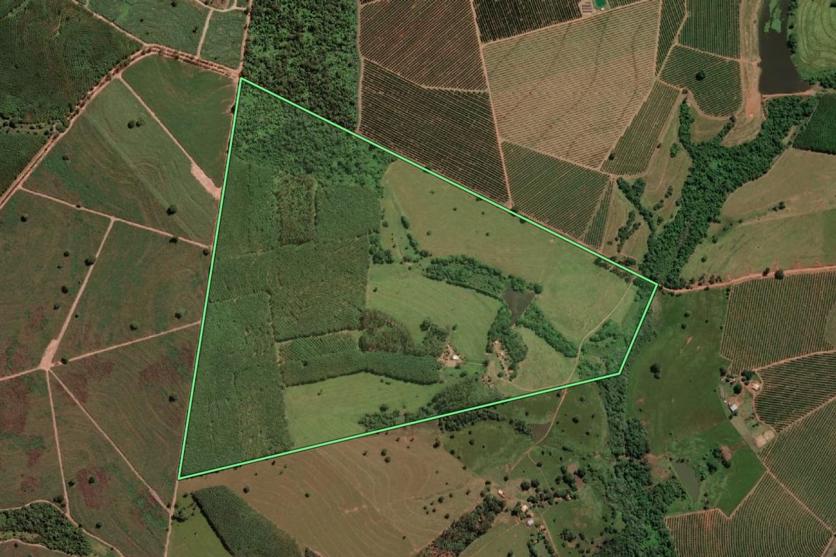 Imagem de satélite do imóvel rural em Estrela d'Oeste (SP), com o contorno declarado no CAR desenhado por cima.