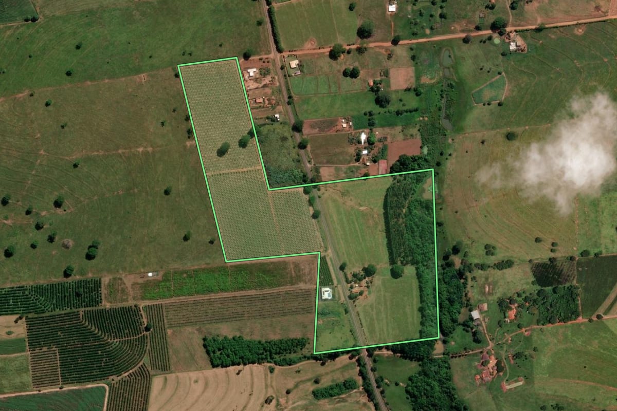 Imagem de satélite do imóvel rural em Estrela d'Oeste (SP), com o contorno declarado no CAR desenhado por cima.