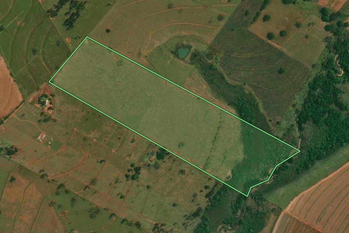 Imagem de satélite do imóvel rural em Estrela do Norte (SP), com o contorno declarado no CAR desenhado por cima.