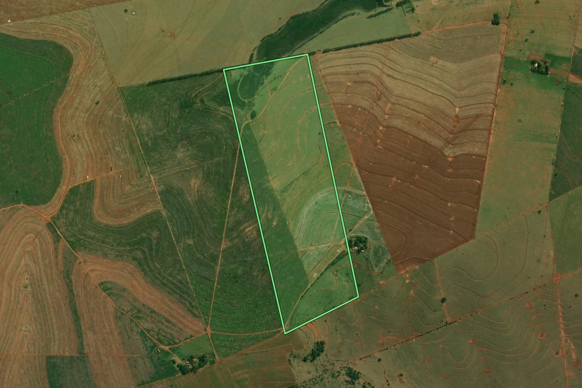 Imagem de satélite do imóvel rural em Euclides da Cunha Paulista (SP), com o contorno declarado no CAR desenhado por cima.