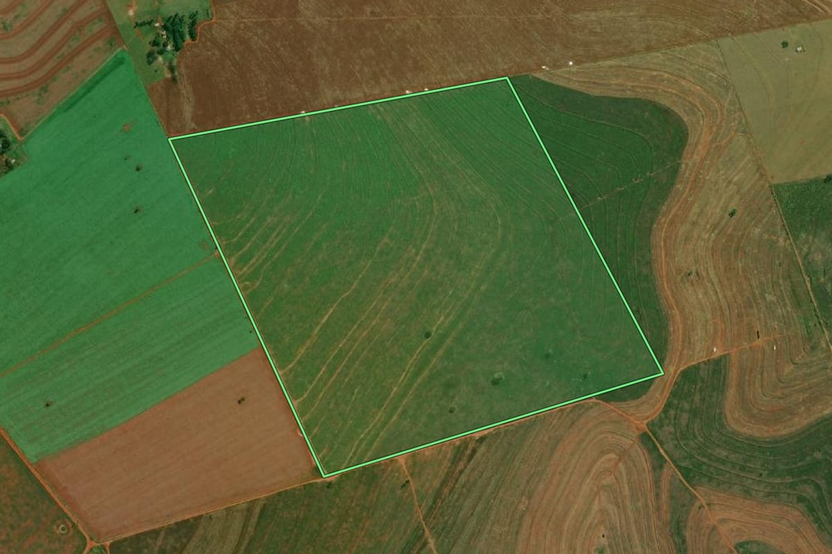 Imagem de satélite do imóvel rural em Euclides da Cunha Paulista (SP), com o contorno declarado no CAR desenhado por cima.