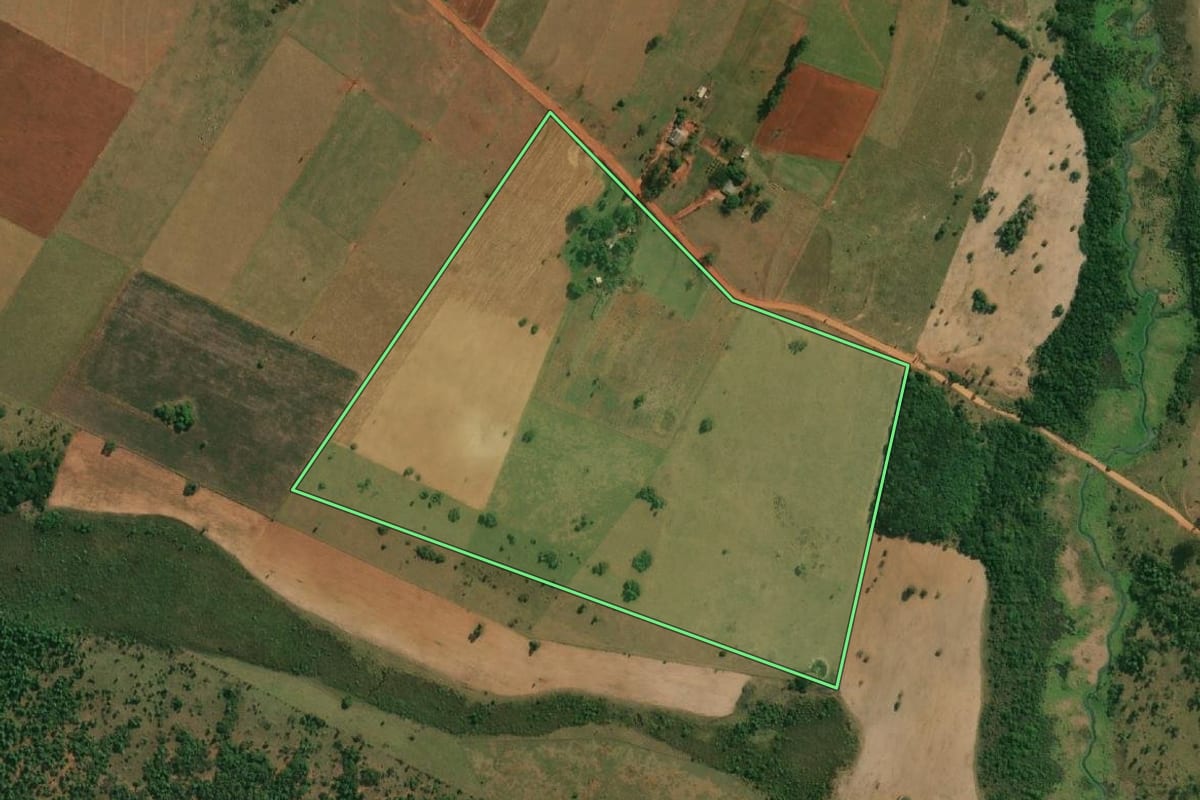Imagem de satélite do imóvel rural em Euclides da Cunha Paulista (SP), com o contorno declarado no CAR desenhado por cima.