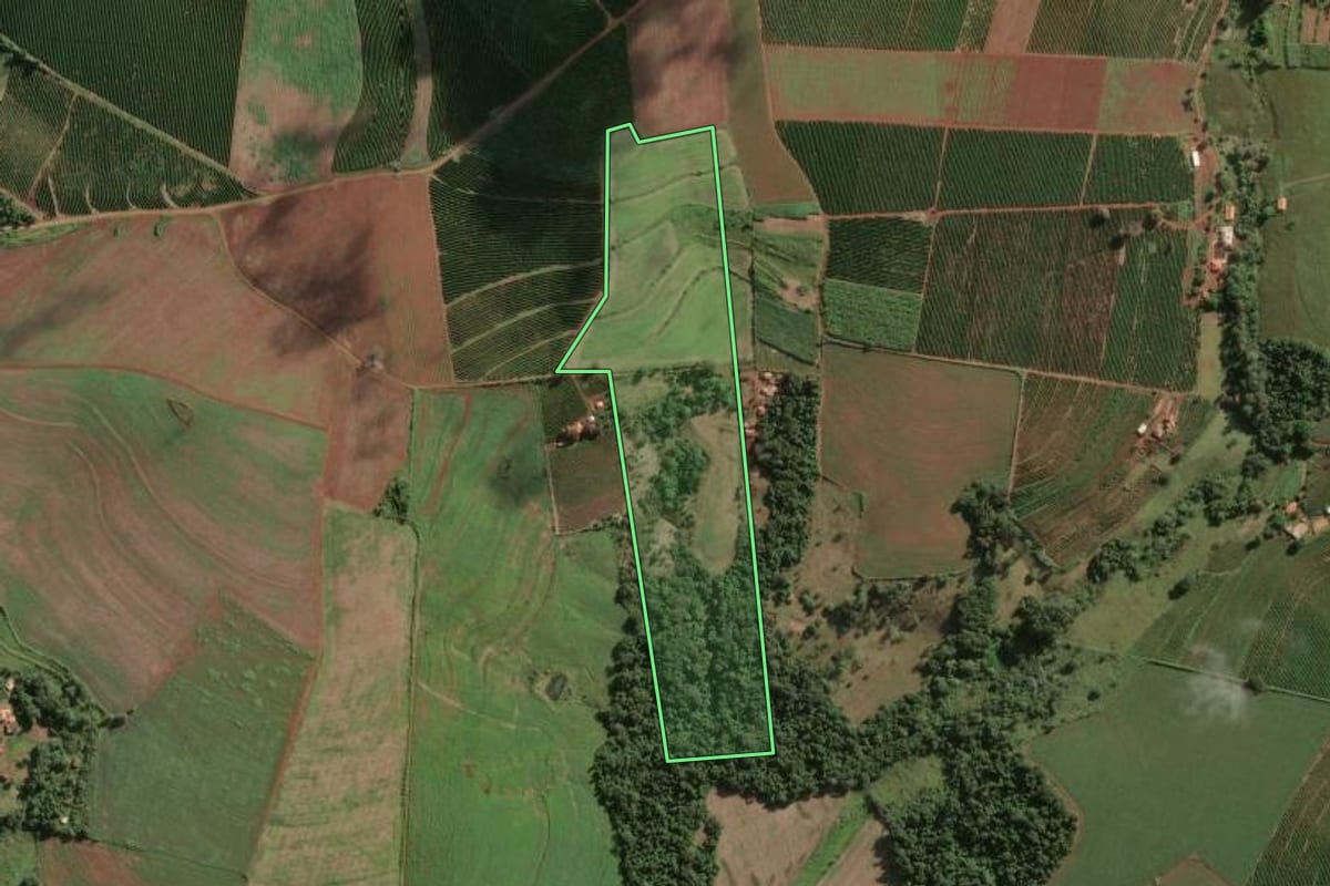 Imagem de satélite do imóvel rural em Fartura (SP), com o contorno declarado no CAR desenhado por cima.