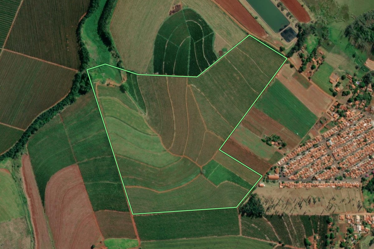 Imagem de satélite do imóvel rural em Fartura (SP), com o contorno declarado no CAR desenhado por cima.