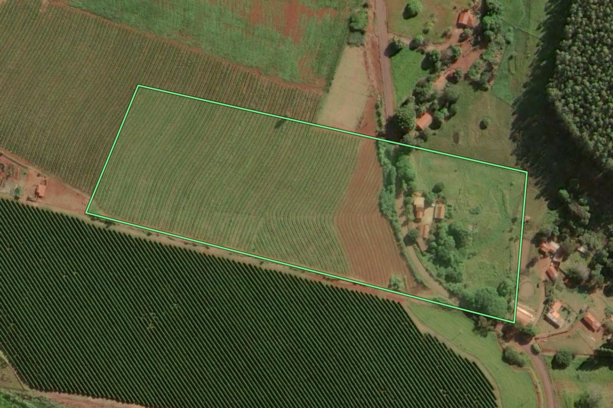 Imagem de satélite do imóvel rural em Fartura (SP), com o contorno declarado no CAR desenhado por cima.