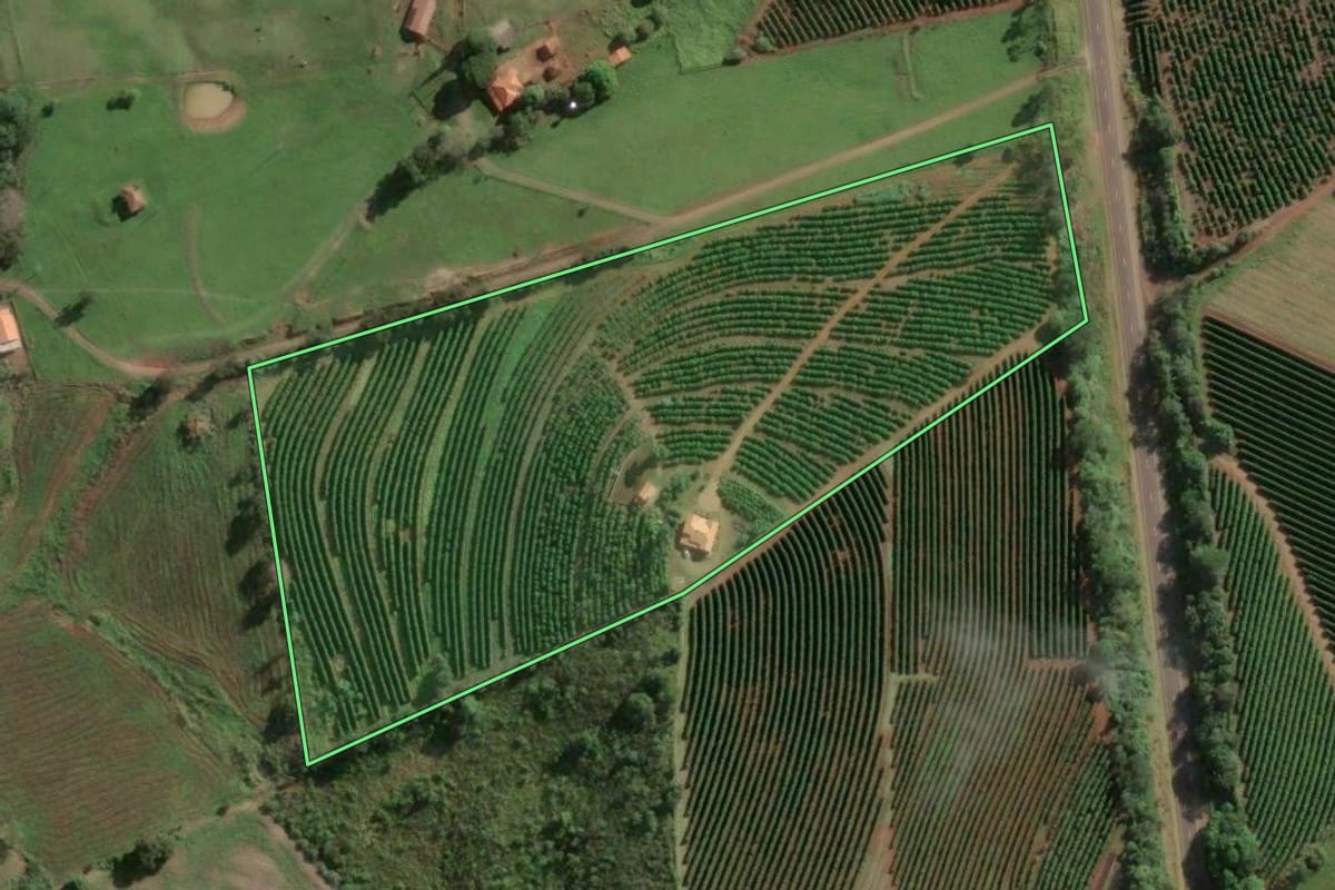 Imagem de satélite do imóvel rural em Fartura (SP), com o contorno declarado no CAR desenhado por cima.
