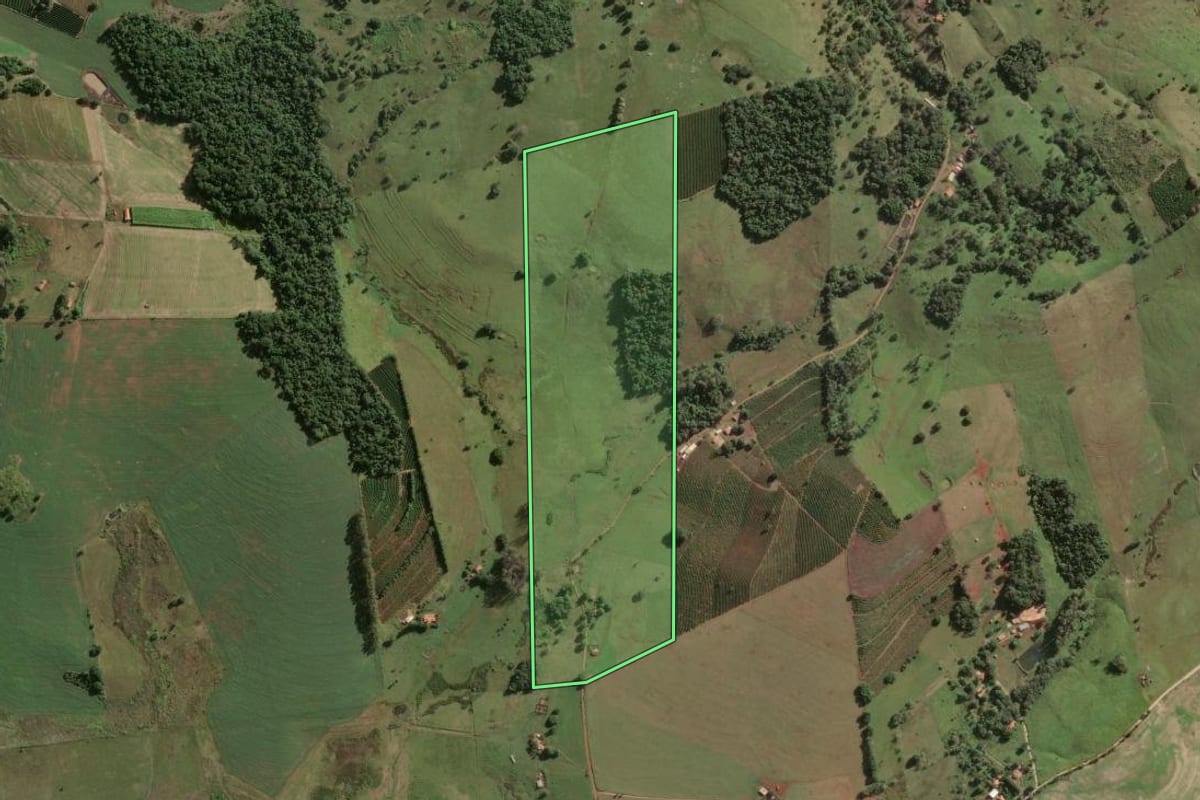 Imagem de satélite do imóvel rural em Fartura (SP), com o contorno declarado no CAR desenhado por cima.