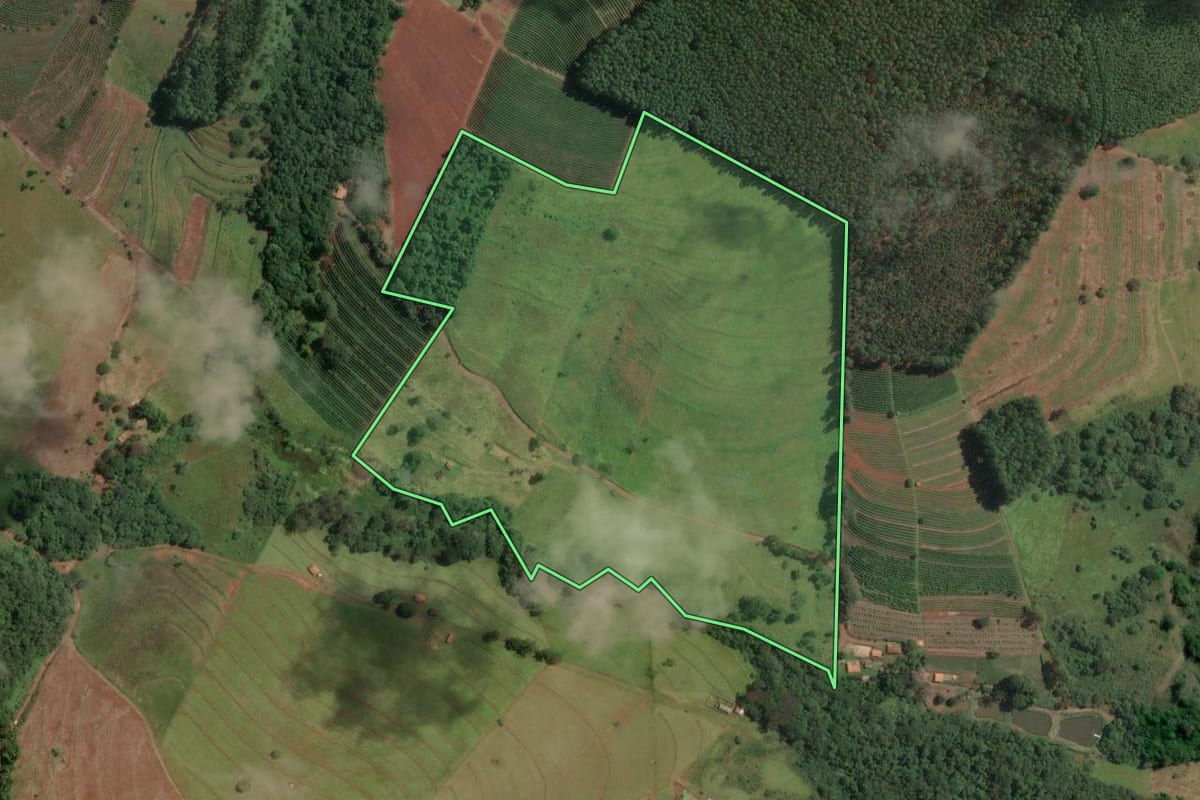 Imagem de satélite do imóvel rural em Fartura (SP), com o contorno declarado no CAR desenhado por cima.