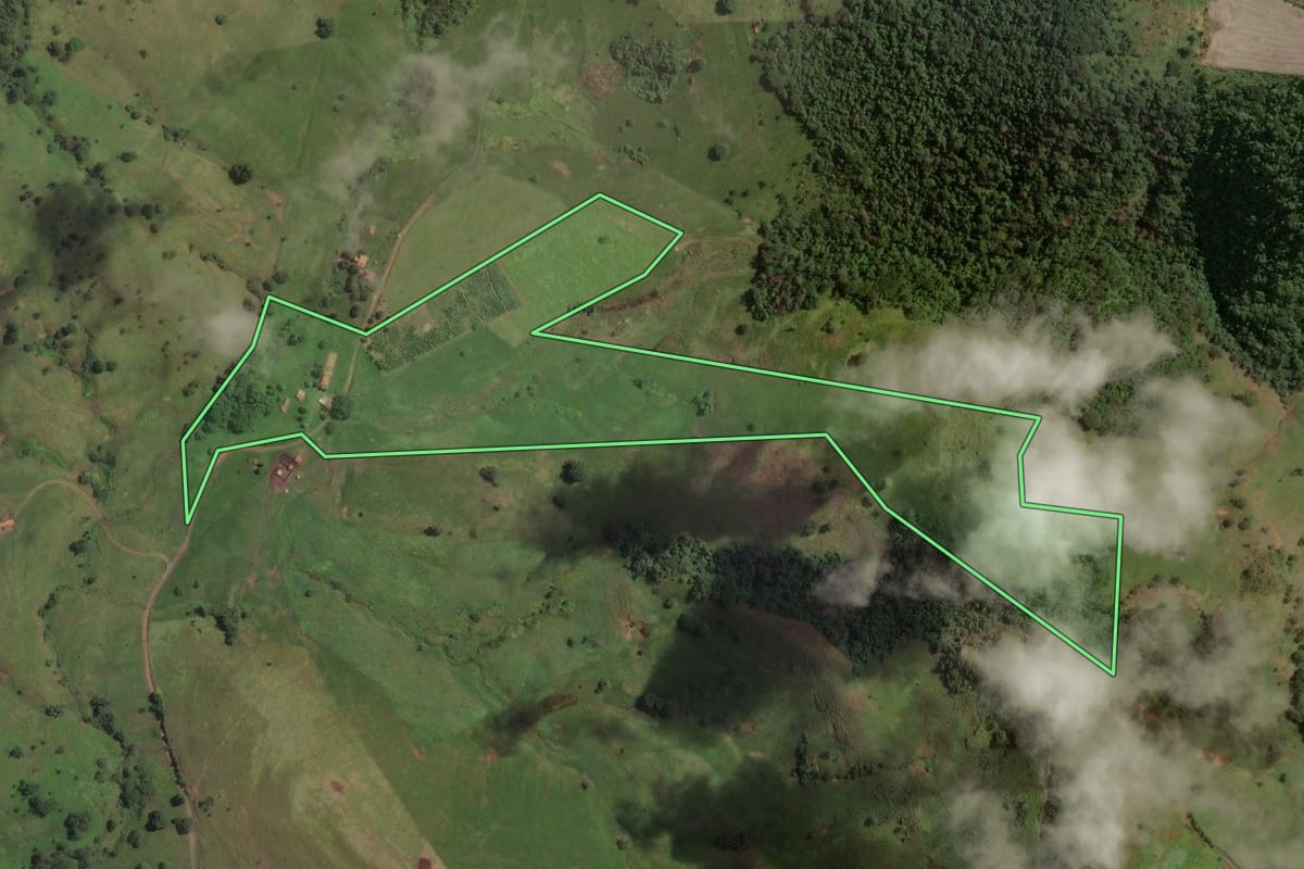 Imagem de satélite do imóvel rural em Fartura (SP), com o contorno declarado no CAR desenhado por cima.