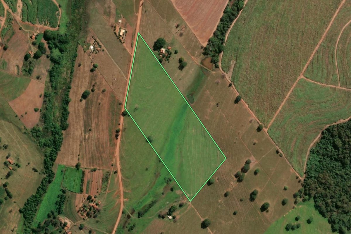 Imagem de satélite do imóvel rural em Fernandópolis (SP), com o contorno declarado no CAR desenhado por cima.