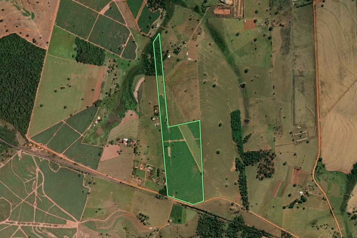Imagem de satélite do imóvel rural em Fernandópolis (SP), com o contorno declarado no CAR desenhado por cima.