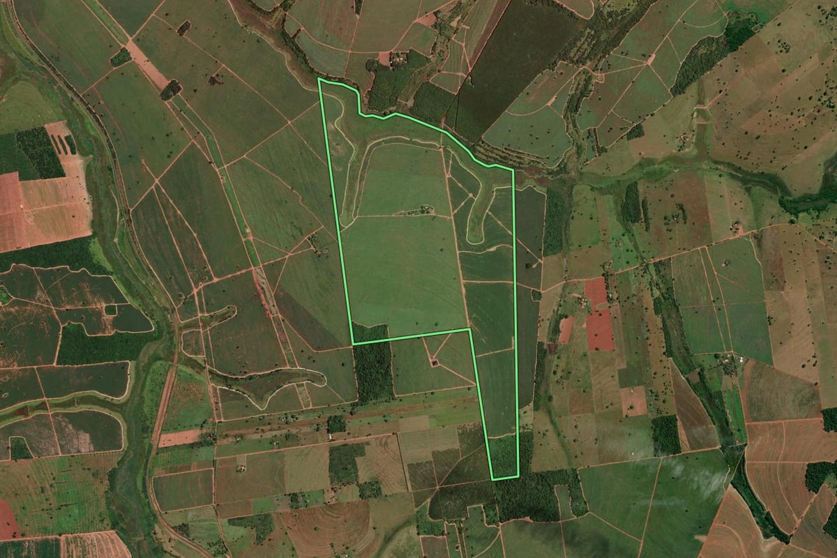 Imagem de satélite do imóvel rural em Fernandópolis (SP), com o contorno declarado no CAR desenhado por cima.