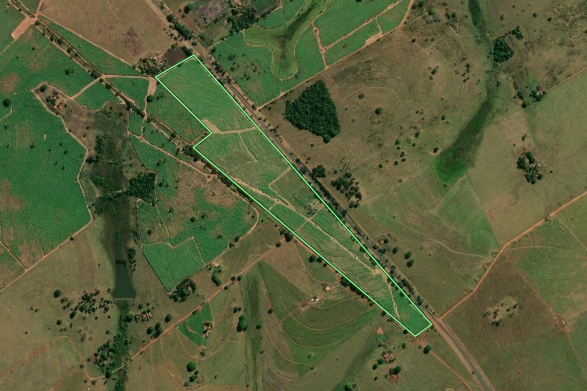 Imagem de satélite do imóvel rural em Fernandópolis (SP), com o contorno declarado no CAR desenhado por cima.