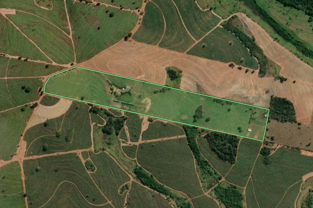Imagem de satélite do imóvel rural em Fernandópolis (SP), com o contorno declarado no CAR desenhado por cima.