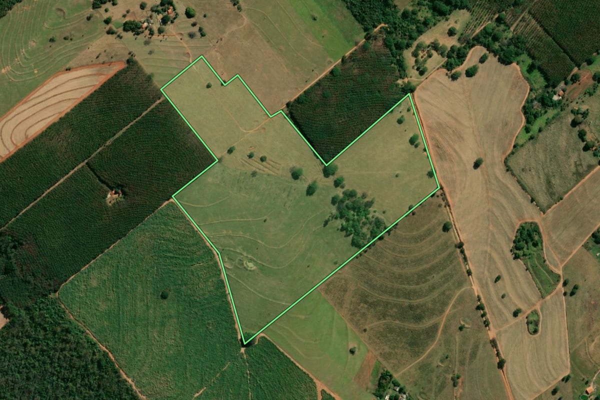 Imagem de satélite do imóvel rural em Fernandópolis (SP), com o contorno declarado no CAR desenhado por cima.
