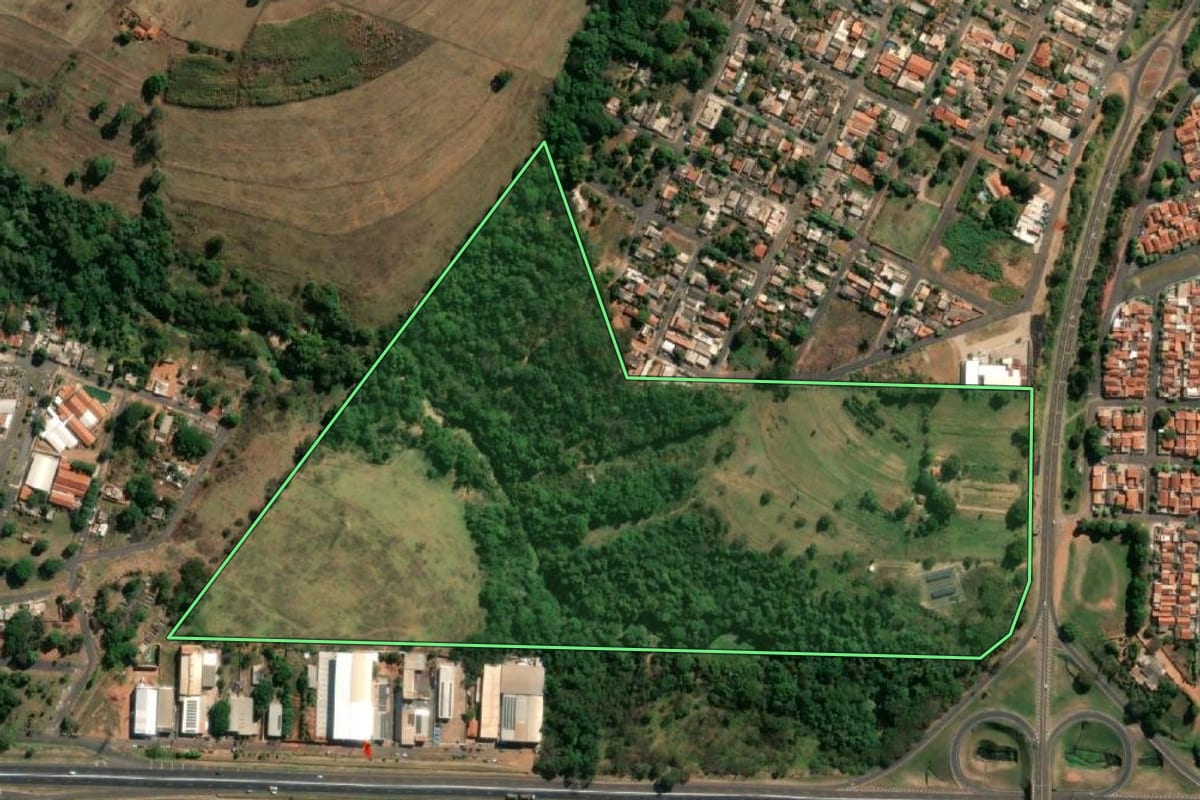 Imagem de satélite do imóvel rural em Fernandópolis (SP), com o contorno declarado no CAR desenhado por cima.