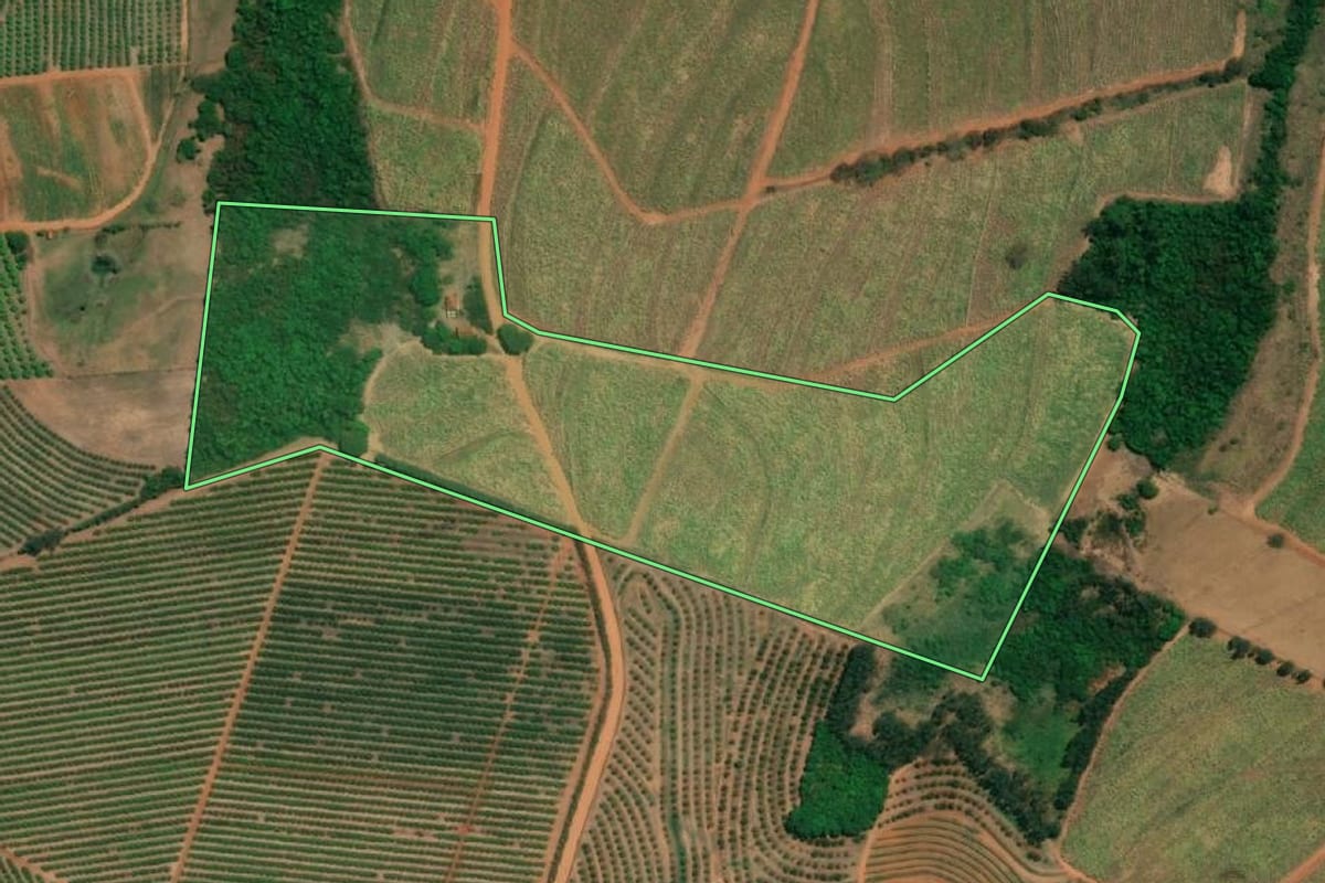 Imagem de satélite do imóvel rural em Fernando Prestes (SP), com o contorno declarado no CAR desenhado por cima.