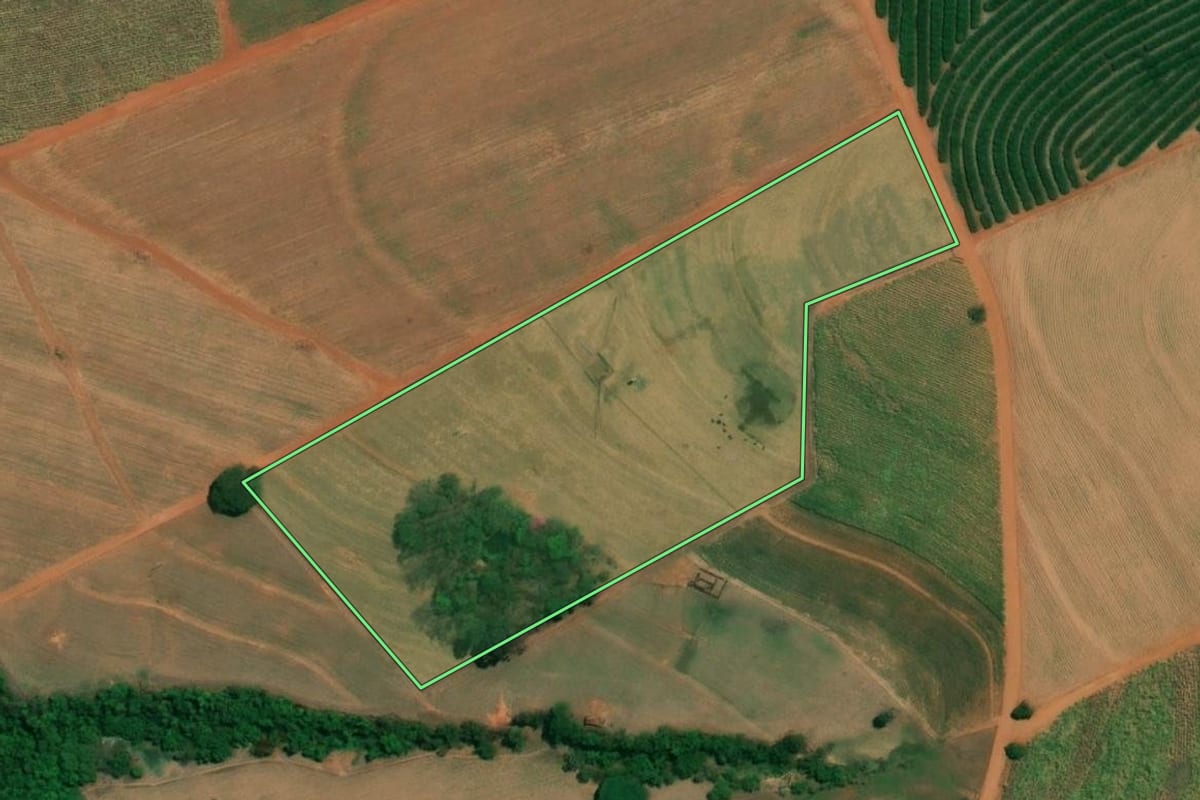 Imagem de satélite do imóvel rural em Fernando Prestes (SP), com o contorno declarado no CAR desenhado por cima.