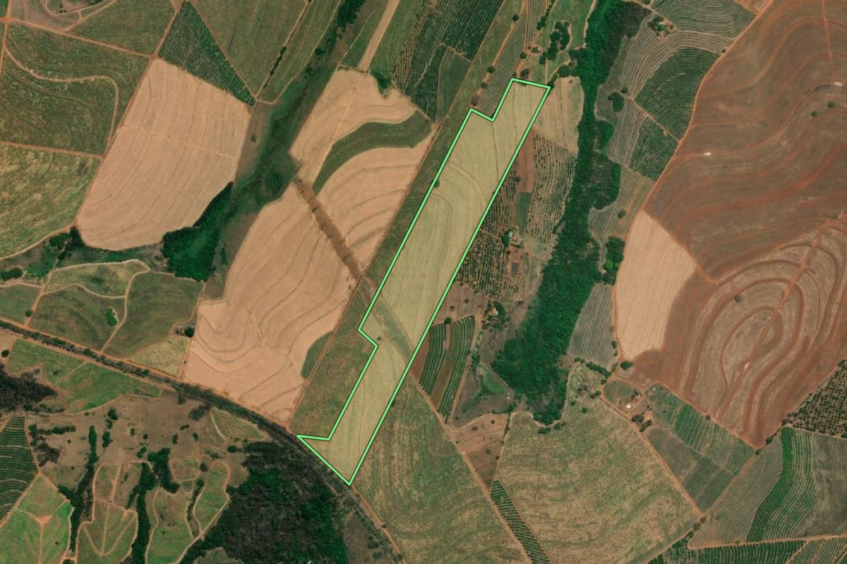 Imagem de satélite do imóvel rural em Fernando Prestes (SP), com o contorno declarado no CAR desenhado por cima.