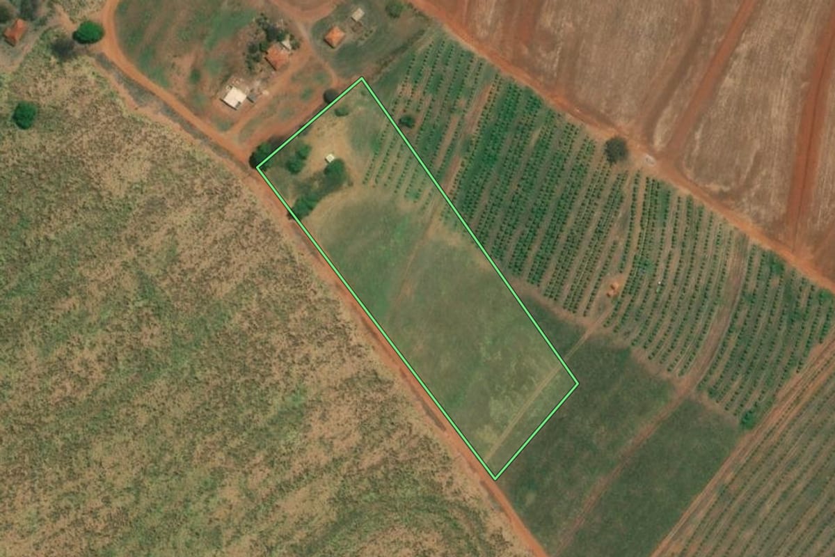 Imagem de satélite do imóvel rural em Fernando Prestes (SP), com o contorno declarado no CAR desenhado por cima.