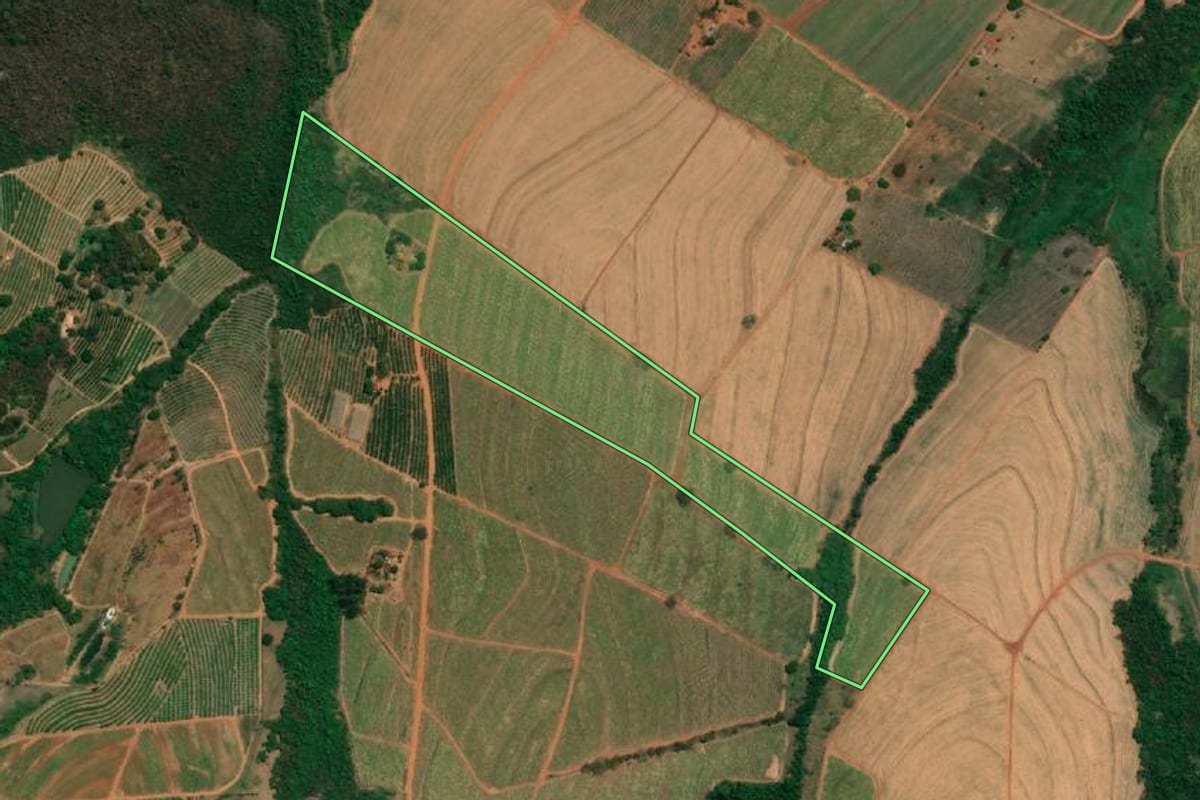 Imagem de satélite do imóvel rural em Fernando Prestes (SP), com o contorno declarado no CAR desenhado por cima.