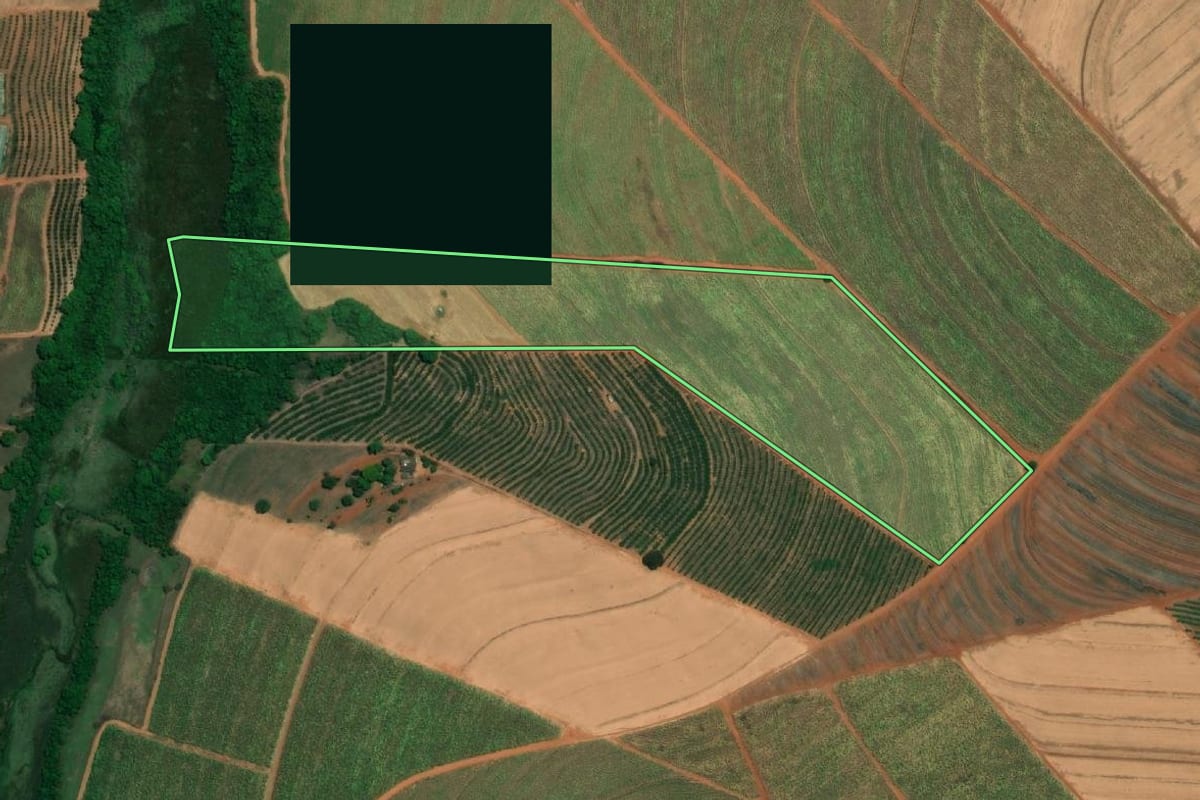Imagem de satélite do imóvel rural em Fernando Prestes (SP), com o contorno declarado no CAR desenhado por cima.