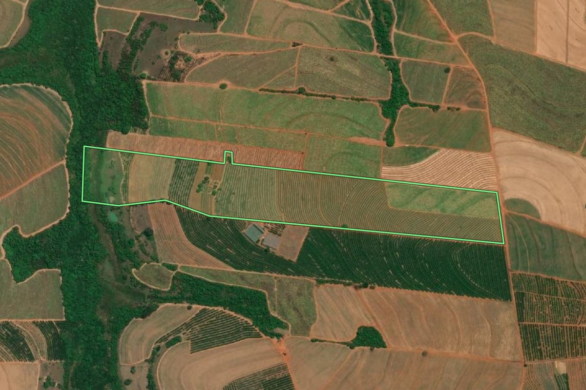Imagem de satélite do imóvel rural em Fernando Prestes (SP), com o contorno declarado no CAR desenhado por cima.