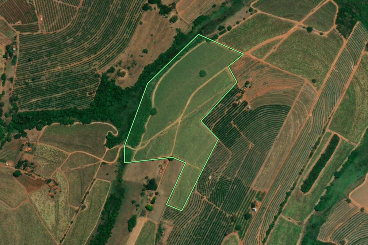 Imagem de satélite do imóvel rural em Fernando Prestes (SP), com o contorno declarado no CAR desenhado por cima.